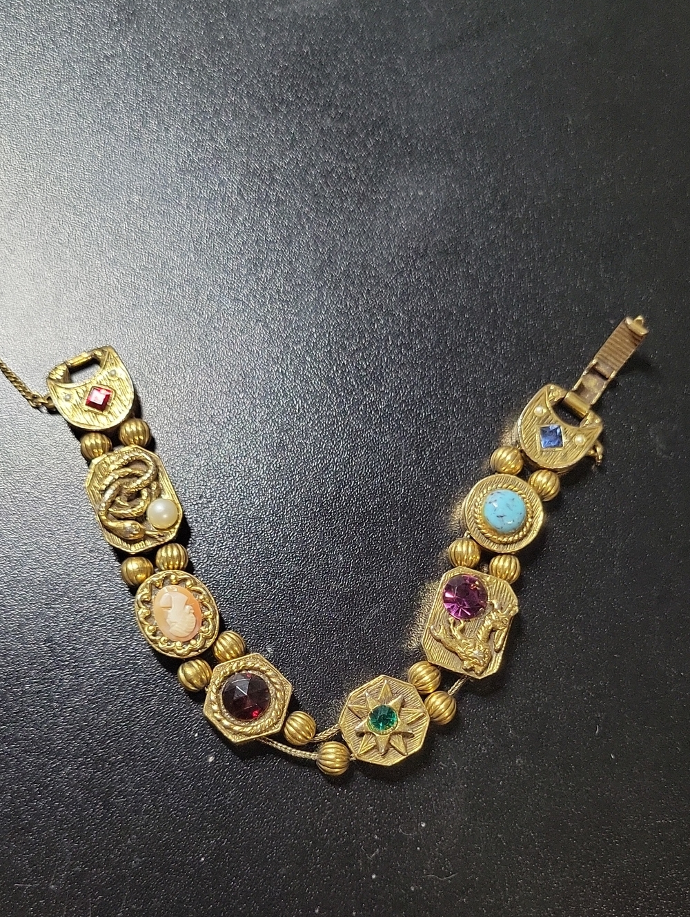 Vintage Gold-Tone Multi Slider Bracelet with Green and Garnet Accents